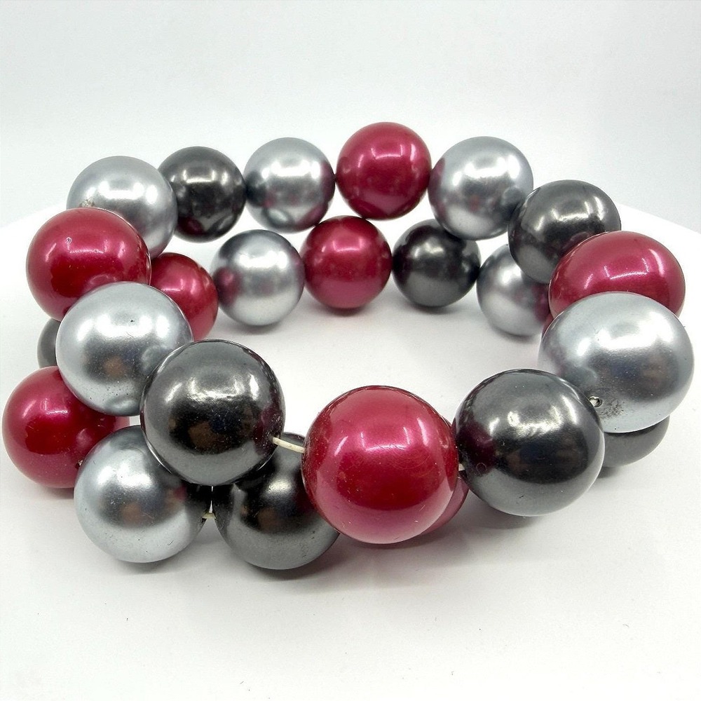 Red Silver Grey Bead Bracelet Set Chunky‎ Statement Y2K Stretchy Gift Classic 90
